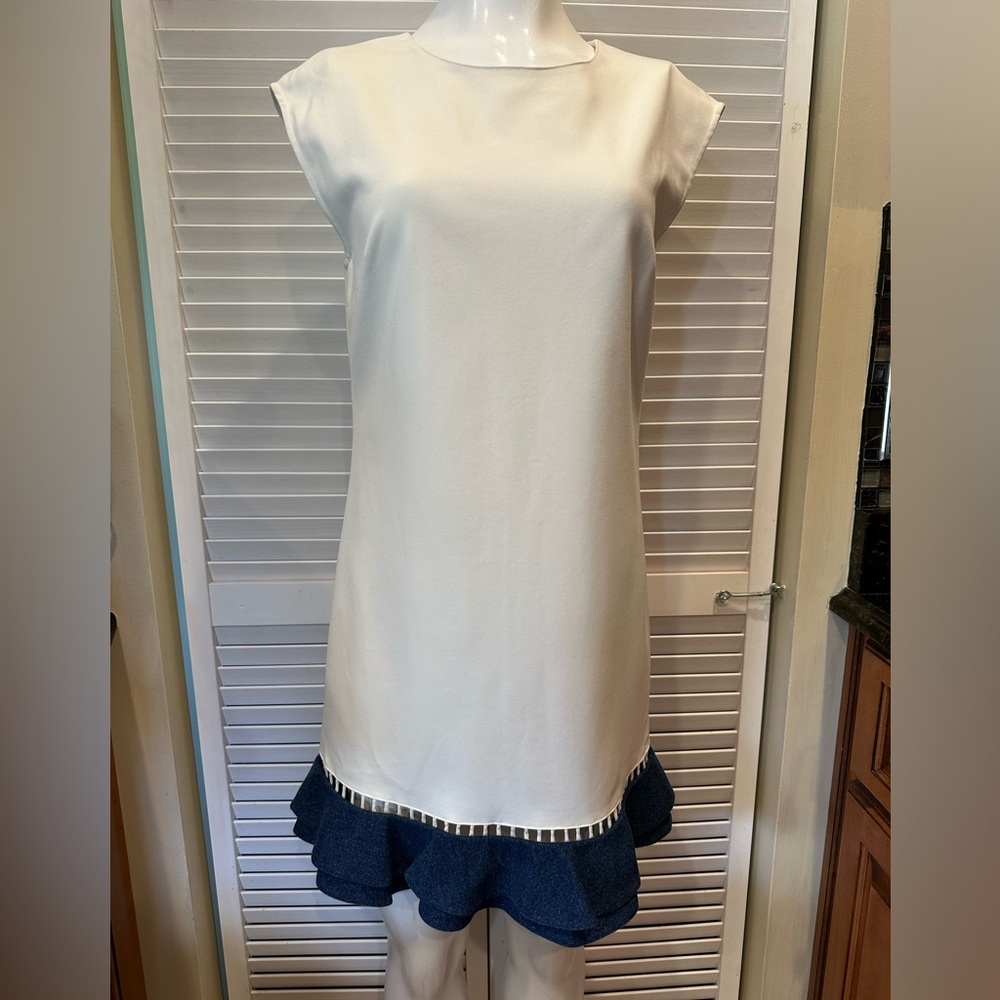 Sachin + Babi Cream Shift Dress with Navy Ruffle Hem